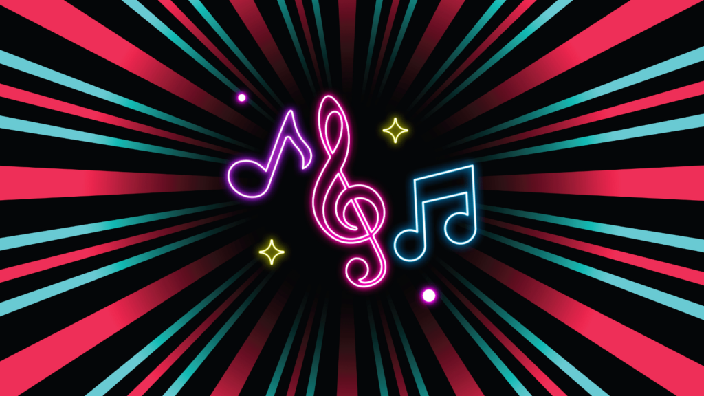 Create your own song through TikTok with the use of AI. Black, pink and blue line background, all lines heading into the middle of the page and fading out into a black circle. In the centre of the circle are three music notes, two stars and two mini circles, all neon.