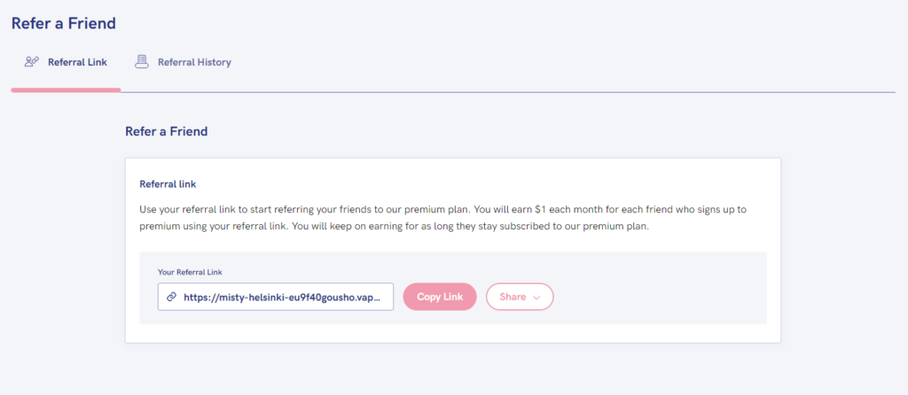 Earn money each month by referring your friends to PUSH.fm. Screenshot of the refer a friend scheme option.