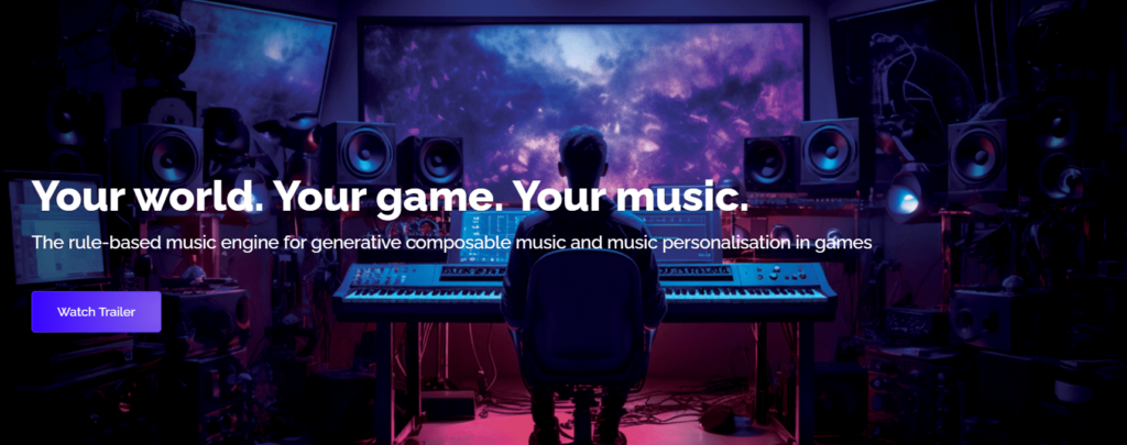 Reactional Music licensing deals will secure personalised gaming soundtracks. Screenshot from Reactional Music's website, an AI image of a person sat at a keyboard with so many speakers around them. In front is a giant screen with clouds on.