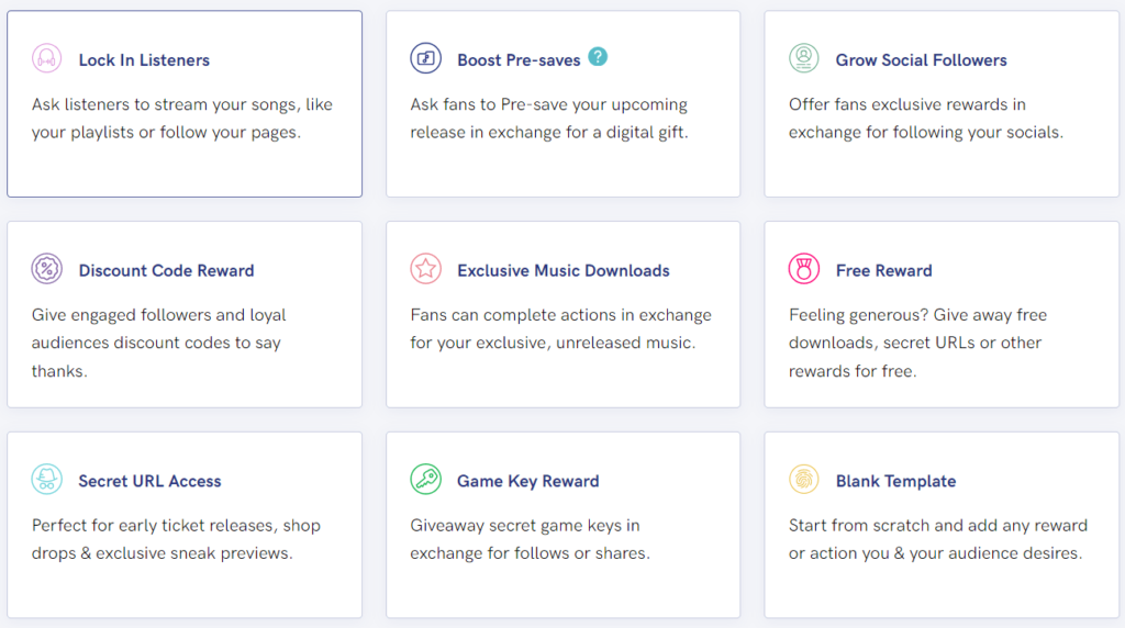 Choose a Reward Link template and craft a free marketing link for your brand's niche. A screenshot of the various Reward Link templates.