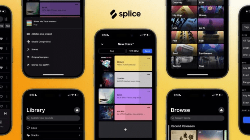 Splice reveals new mobile app which is powered by AI. Yellow background, multiple smartphones around the page which Splice loaded.