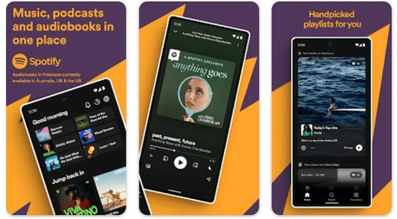 Spotify introduce $9.99/month audiobooks subscription for those on the free plan. Screenshot of multiple smartphone mock-ups with Spotify podcasts loaded.