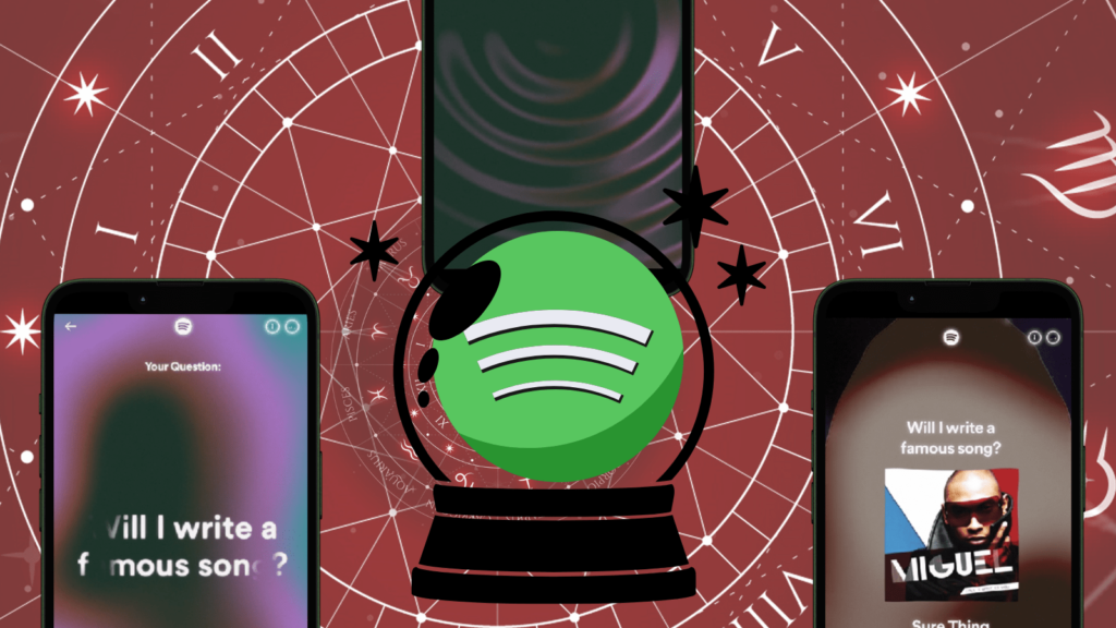 Spotify's future predictions feature for music app users. Red background with astrology symbols. In the foreground there are three smartphones with different stages of the Spotify feature on. In the middle there is a mystic ball with a Spotify logo in.