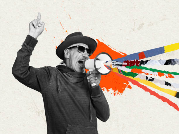 A guide to making eye-catching visuals for your music. Photo of a man in black and white singing through a megaphone. From the megaphone, in colour, are lots of different strips of colour.
