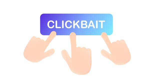 Clickbait - what it is and how to spot it. Photo of a blue clickbait button and three finger emojis clicking it.