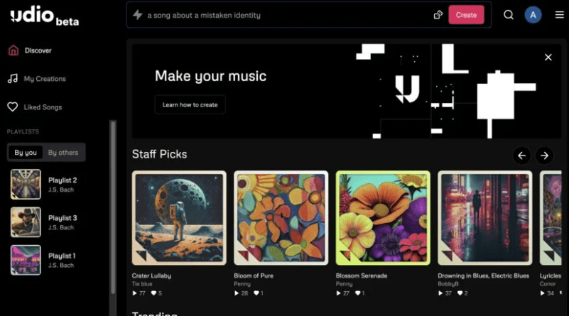 Udio - a new music creation app. Screenshot of Udio.