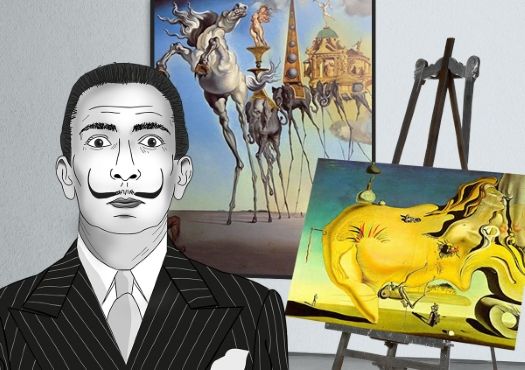 Exploring unusual artists - creativity beyond the norm. Salvador Dalí work, in front is a cartoon image showing what he looked like.