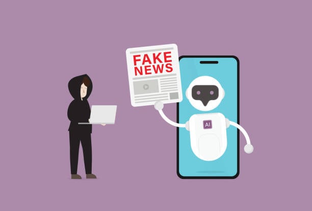 As a content creator, is the use of AI cheating? Purple background. In the foreground is a smartphone with a robot popping out holding a FAKE NEWS headline on a newspaper. Next to the smartphone is a person on a laptop. 