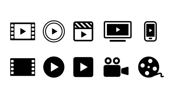 Essential equipment for recording high-quality YouTube videos. Multiple video symbols on various graphics.
