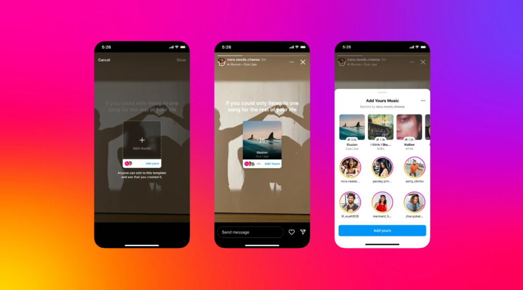 Instagram's new Add Yours music sticker and Reveal story feature. Screenshots of Instagram Add Yours Music feature.