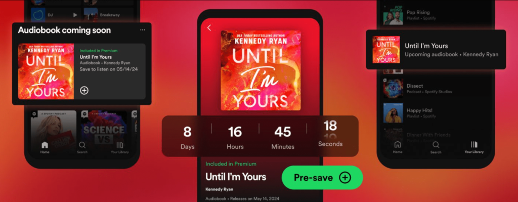 Spotify audiobooks add a countdown feature for new launches. Screenshots of the feature.