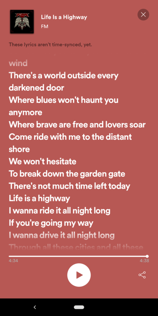 Spotify makes lyrics feature part of the Premium plan - taking it away from the free accounts. Life Is a Highway Spotify lyrics screenshot.