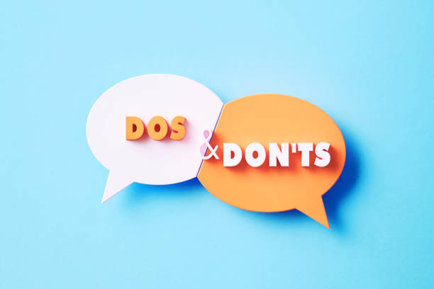 Avoid these 5 mistakes - small business dos and don’ts. Blue background. Two speech bubbles, one white with orange writing saying 'dos' and one orange with white writing saying 'don'ts'