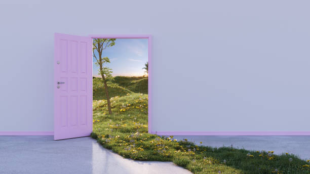 Why does our imagination seem to diminish over time? Door in an empty room. Beyond the door is a beautiful field. Coming from the door is part of this field creeping into the empty room.