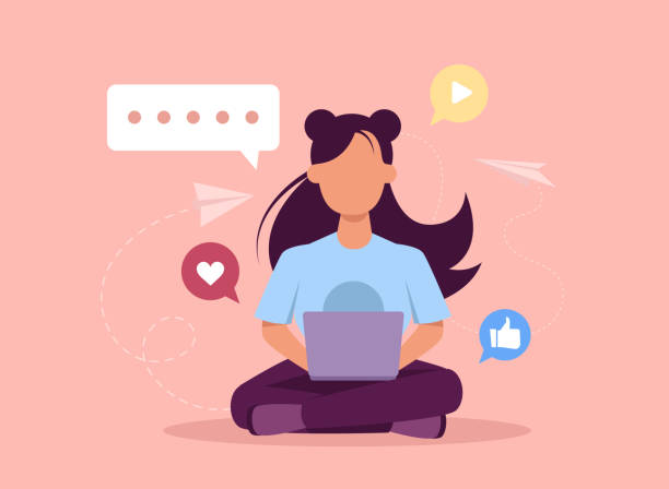 Content creation trends to watch in 2024. Pink background. Graphic of a girl sitting on the floor with her laptop on her lap. Surrounding her are some social icons such as likes and comment bubbles.
