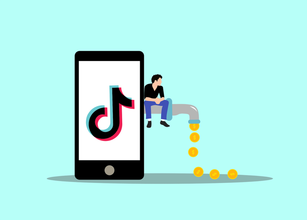 What is a micro-influencer? A simple explanation. Graphic of a smartphone with the TikTok logo. Coming out of the phone is a tap with coins coming out of it and a man sat on the tap.
