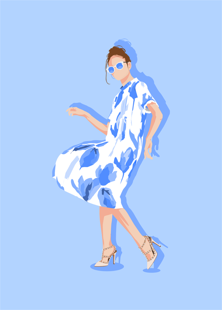 Mastering the style game - a guide to growing your fashion Instagram account. A blue background, in the foreground is a graphic of a lady in a dress swishing it.