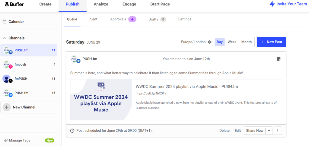 What is Buffer and how can it help content creators? Buffer scheduling screenshot.