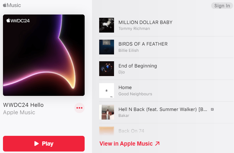 WWDC Summer 2024 playlist via Apple Music. Apple Music WWDC playlist screenshot.