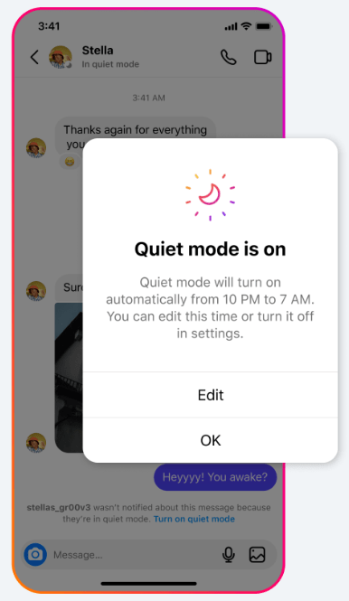 How to use quiet mode on Instagram. Photo of quiet mode being turned on.