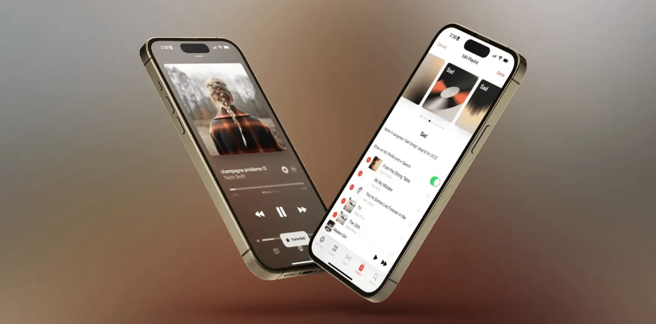 Apple Music to introduce AI-generated playlist artwork in iOS 18. Photo of two smartphones displaying the new feature.