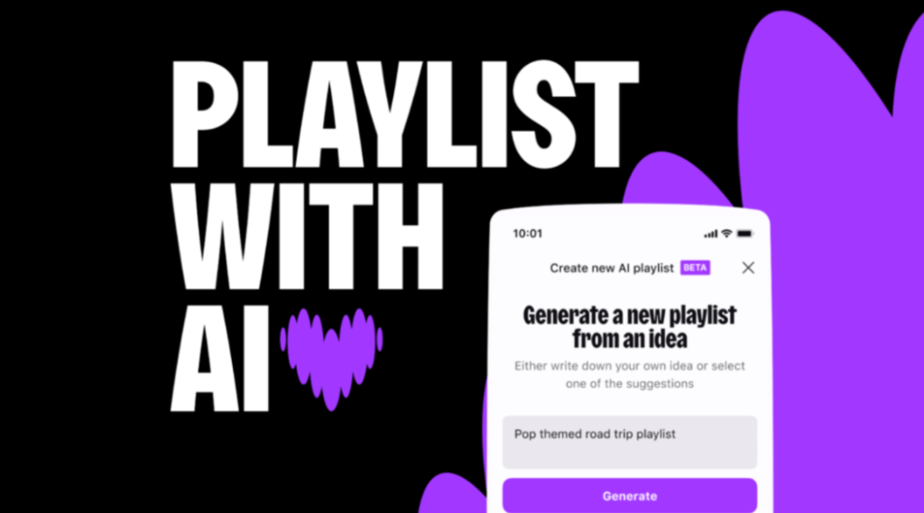 Deezer are catching up with rivals Spotify and Amazon Music with their new AI playlist feature. Black background, with purple graphics, advertising Deezer's playlist.