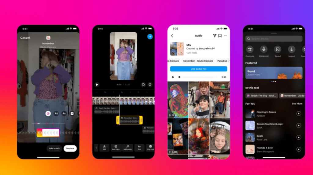 Add multiple songs to your Reels through Instagram update. Instagram gradient background. In the foreground are screenshots of the Reel process.