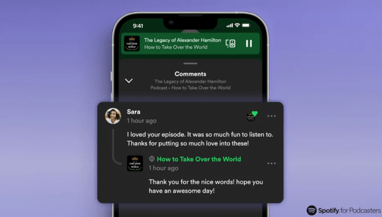 Spotify are introducing a comment section within podcasts. Screenshot of Spotify podcast comments.