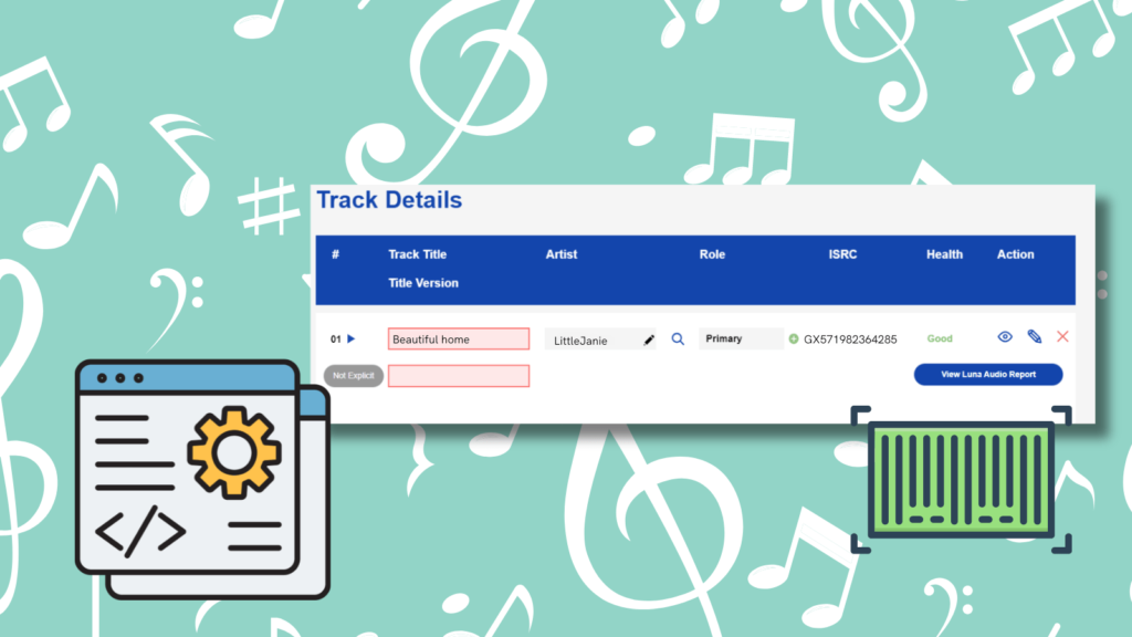 Understanding metadata in music - what it is and why it matters. Blue background with music symbols. In the foreground is a screenshot of a release metadata, alongside some metadata graphics.