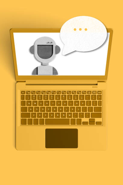 CRM for beginners - a comprehensive guide. Yellow background, in the foreground is a robot and a laptop graphic.