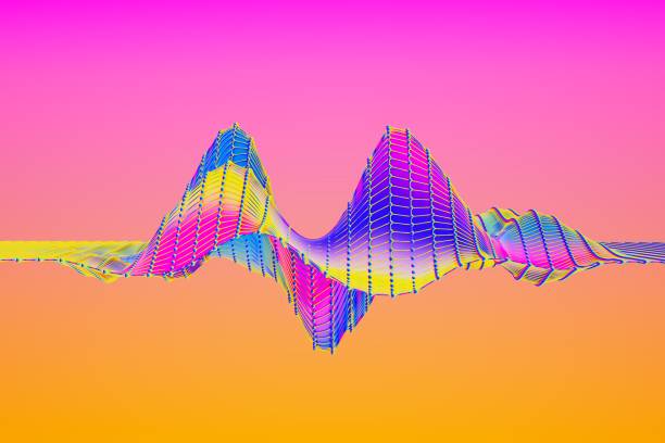 Building a sound effects library - essential collections for sound designers. Pink and orange ombre background. In the foreground are sound waves.