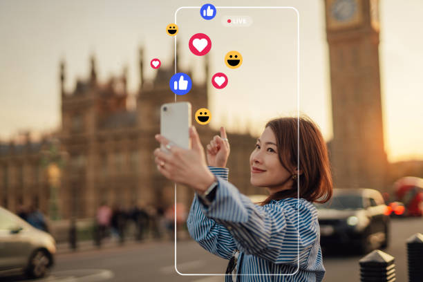 How to manage top fan and rising fan badges for Facebook pages. Woman taking a selfie by Big Ben. Lots of emojis around her.