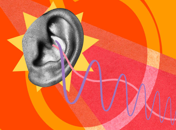 Audio restoration - fixing and enhancing poor quality sound. Bold orange, yellow and pink background with different shapes. There is a black and white ear with sound swirls coming from it.