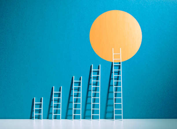 How to set and achieve personal goals. Photo of multiple ladders getting bigger to reach the sun.