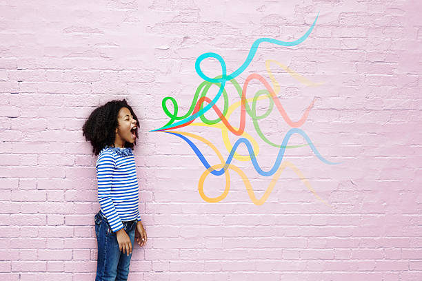 Effective communication skills and why business owners need them. Little girl screaming, side profile by a brick wall. Lots of graphic swirls coming from her mouth.