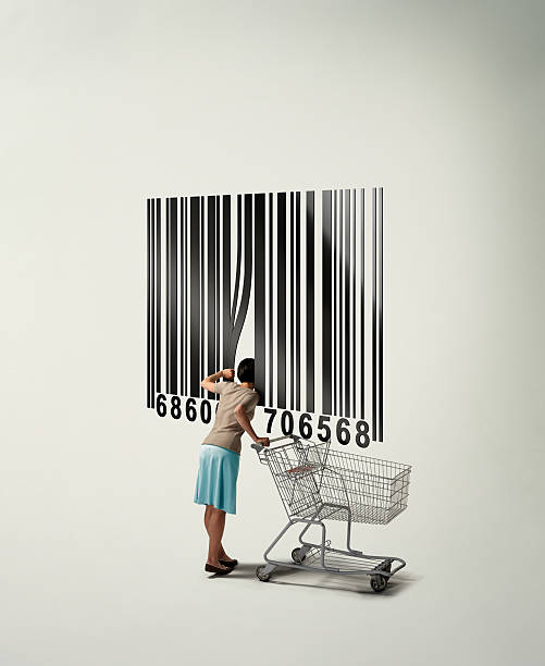 Understanding UPC and ISRC codes in music. Photo of a person pulling back a barcode, standing next to a trolley.