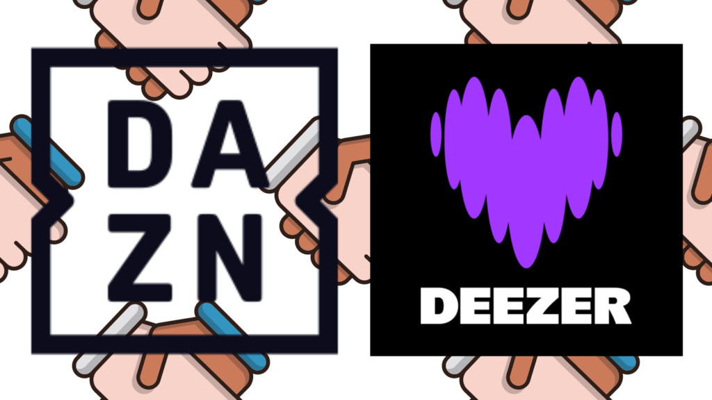 Music streaming service, Deezer and sports streaming service DAZN collaborate offering discounts. DAZN and Deezer logos with handshake background.