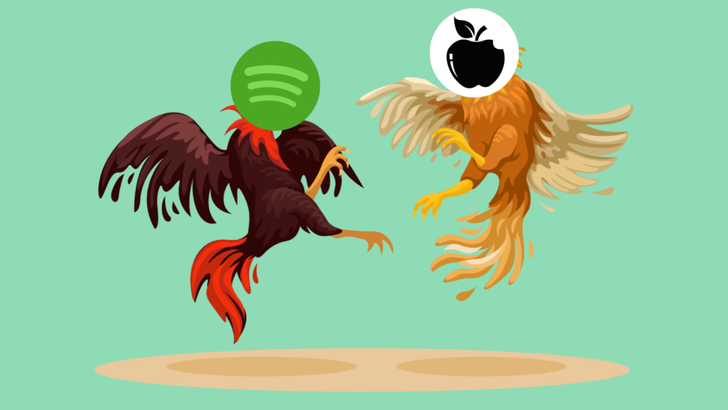 Spotify are now allowed to display pricing in Apple's app store thanks to EU guidelines. Blue background, with two cockrells. One with a Spotify logo and one with an Apple logo. They are fighting.