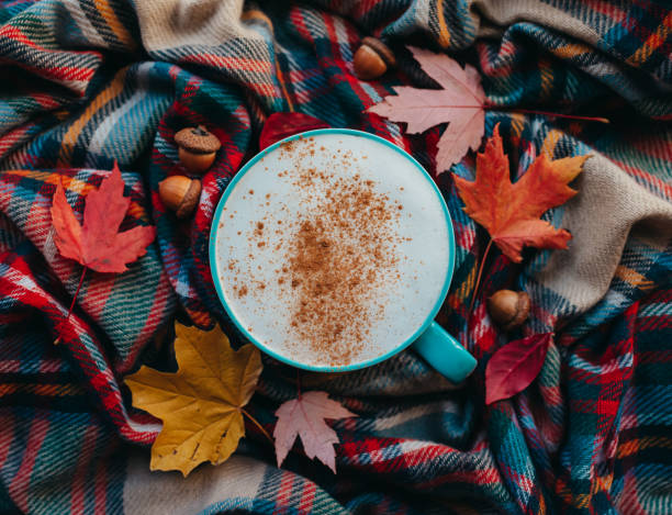 Fun content ideas for Fall - get inspired before Spooky Season. Photo of checked blanket with some orange and yellow maple leaves on, a couple of acorns and a hot drink with cinnamon.