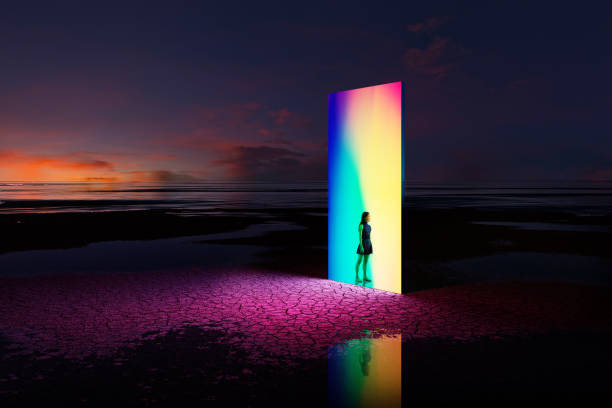 Predictions for the future of music. Futuristic beach photo with a girl stood in a multicoloured doorway.