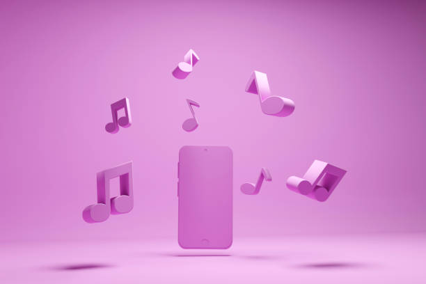 The power of music playlists in marketing your songs. Purple background with lots of 3D music symbols.