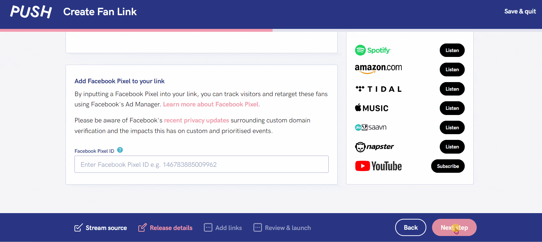 How to make a Fan Link for free. GIF showing music display options with Spotify.