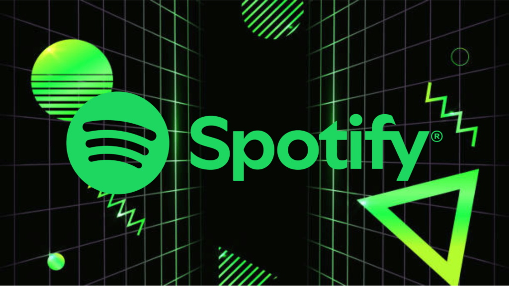 Spotify's AI playlist option reaches the US, Canada, Ireland and New Zealand. Black background with various shapes in green. In the foreground is the Spotify logo.