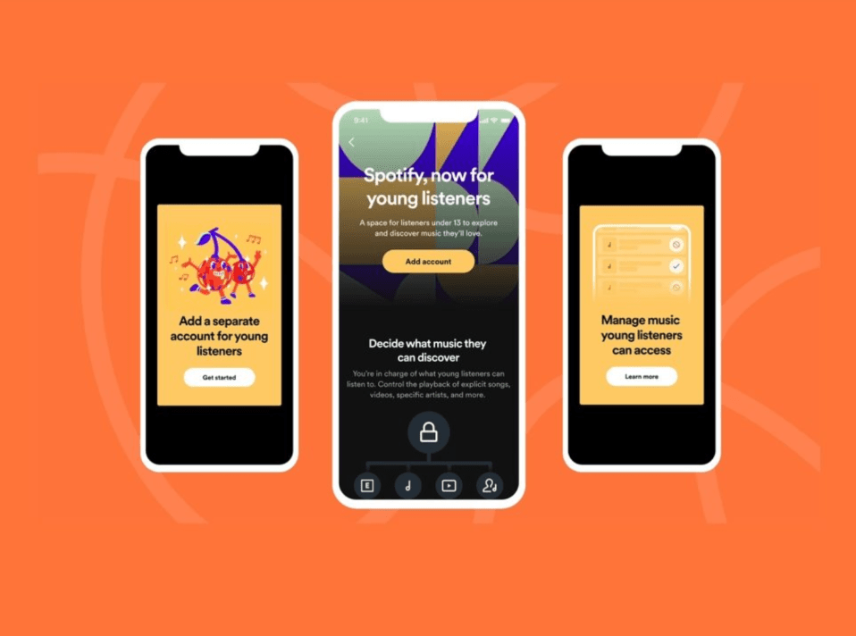 Spotify are working on children's accounts that are managed by a parent or guardian. Orange background with three smartphone graphics in the foreground showing Spotify for children.