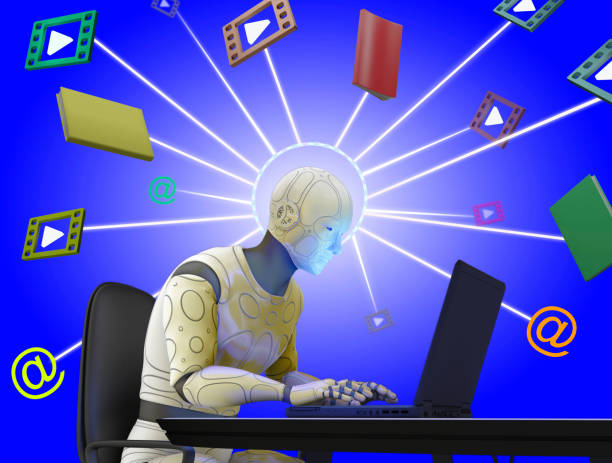 Different ways creators can use AI. Graphic of an AI robot sitting at a desk on a laptop. Lots of play buttons and online symbols are surrounding them.