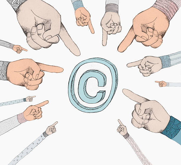 Steps to trademark your business name. Graphic fingers pointing at a C copyright logo.