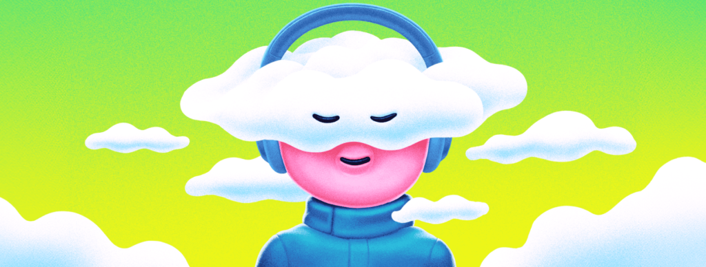 Spotify add audiobooks feature to four new regions. Graphic of head in the clouds. Person has headphones on.