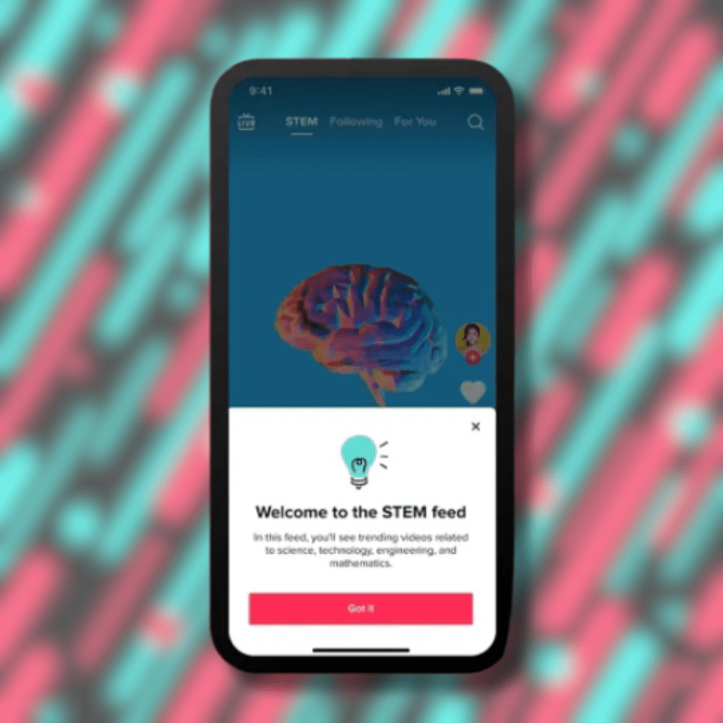 TikTok introduces a STEM feature for accounts in the UK, US and Ireland. Blurred TikTok graphic background. In the foreground is the STEM feed.