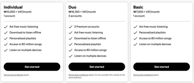 Spotify introduce free tier to South Korea. Screenshot of the pricing tiers.