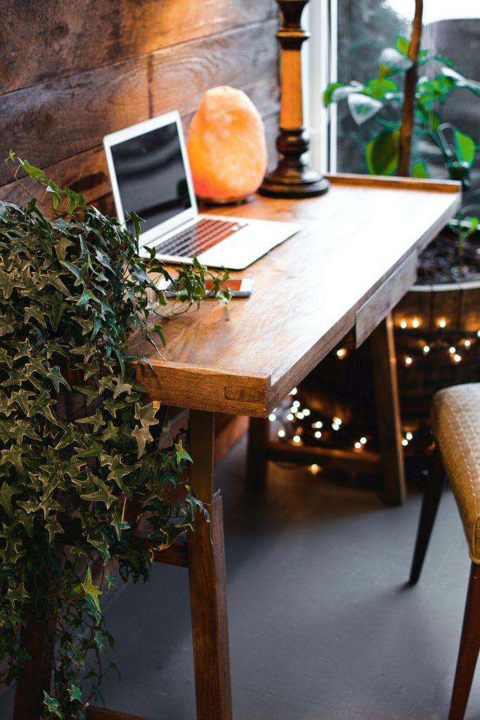 Things I wish I’d known earlier as a blog writer. Photo of a wooden desk with a plant hanging down. On the desk is a laptop and salt lamp.